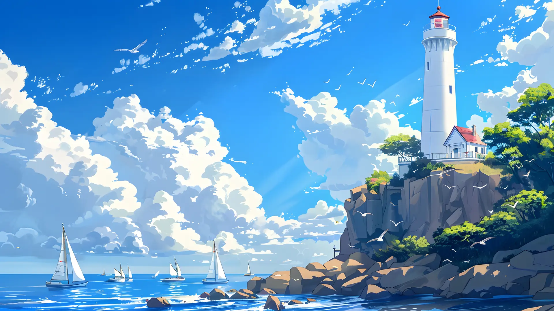 海天一色,灯塔守望 - 通用 高清壁纸