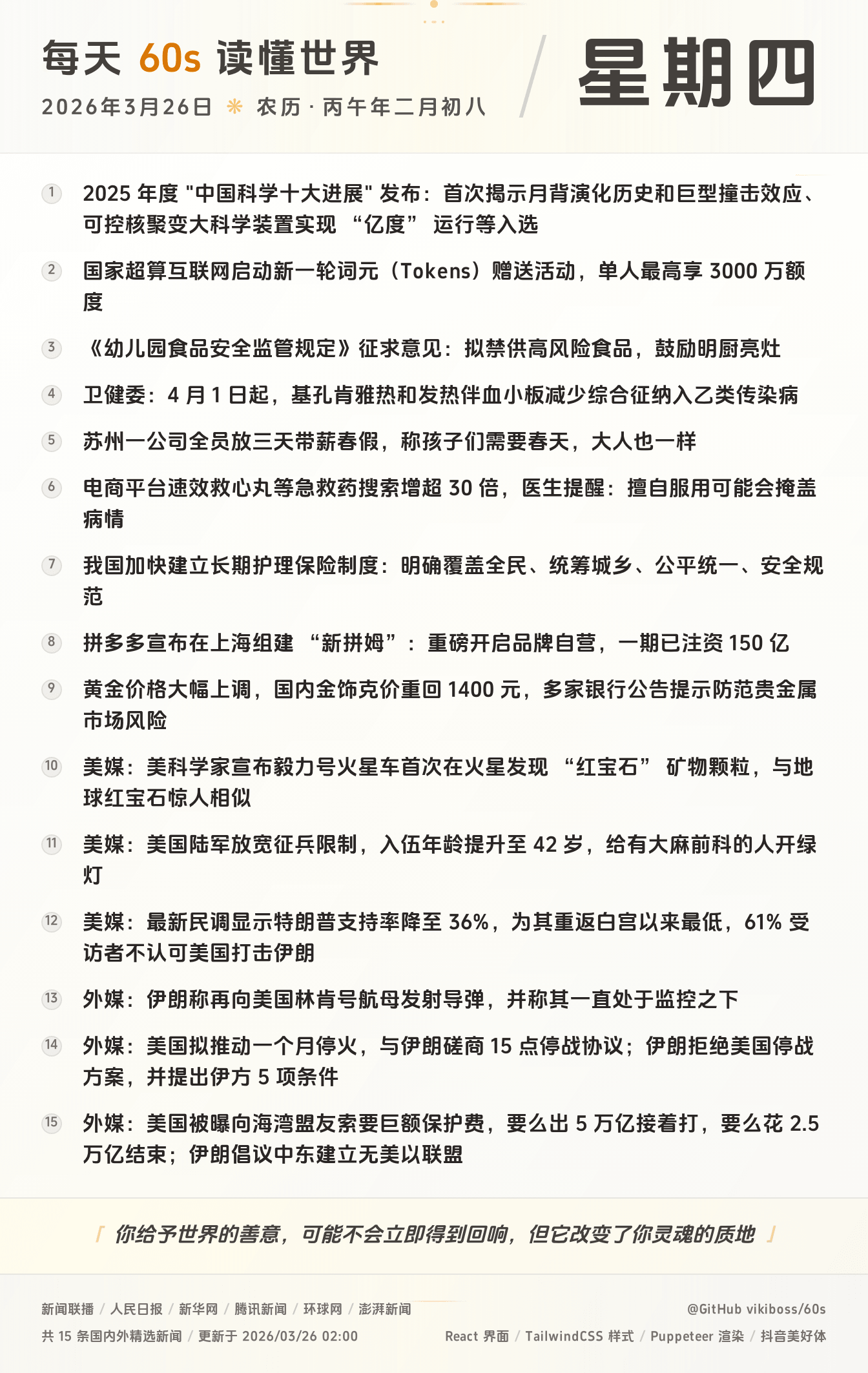 03月26日,星期四,在这里每天60秒读懂世界!