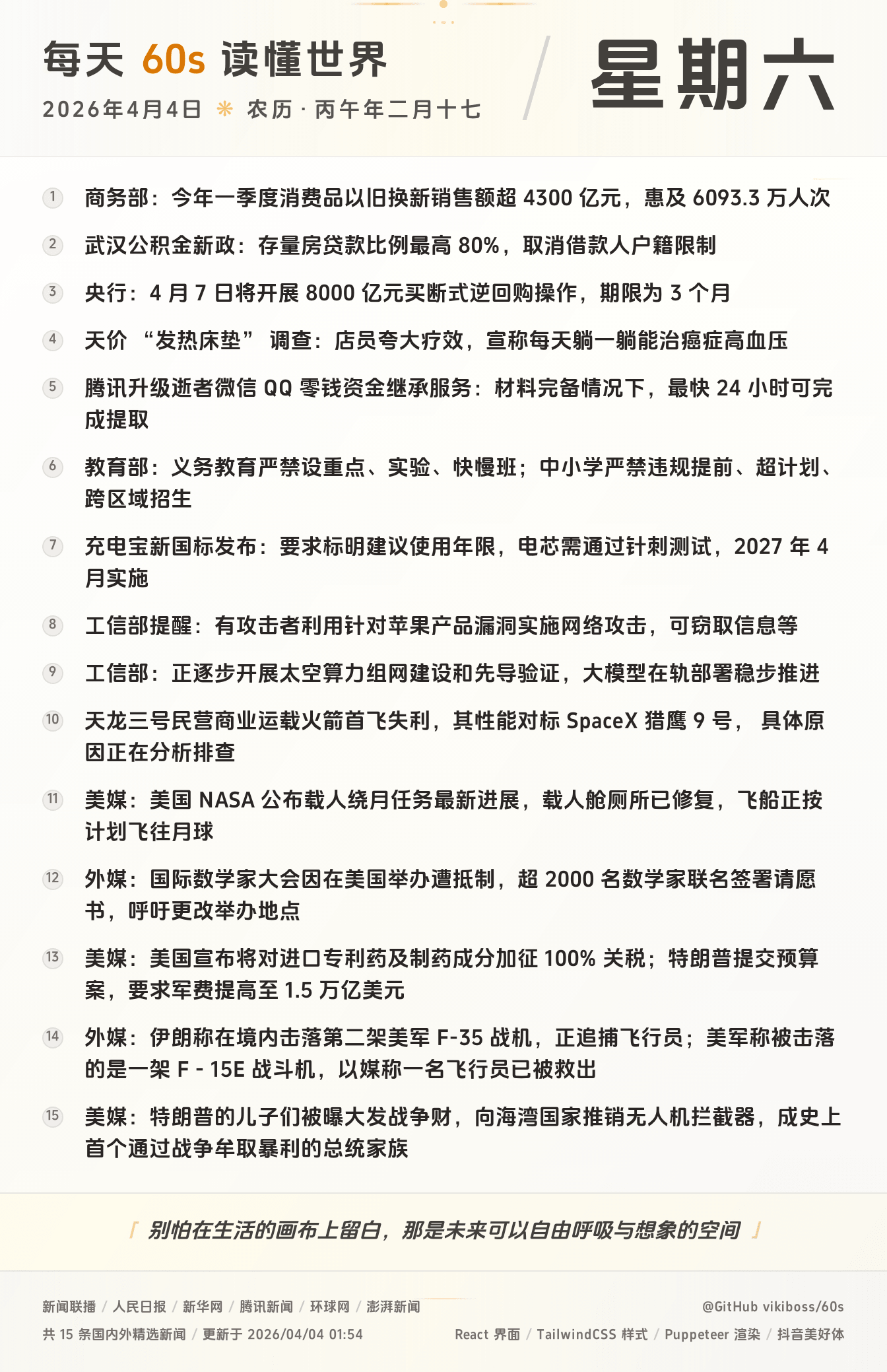 04月04日,星期六,在这里每天60秒读懂世界!