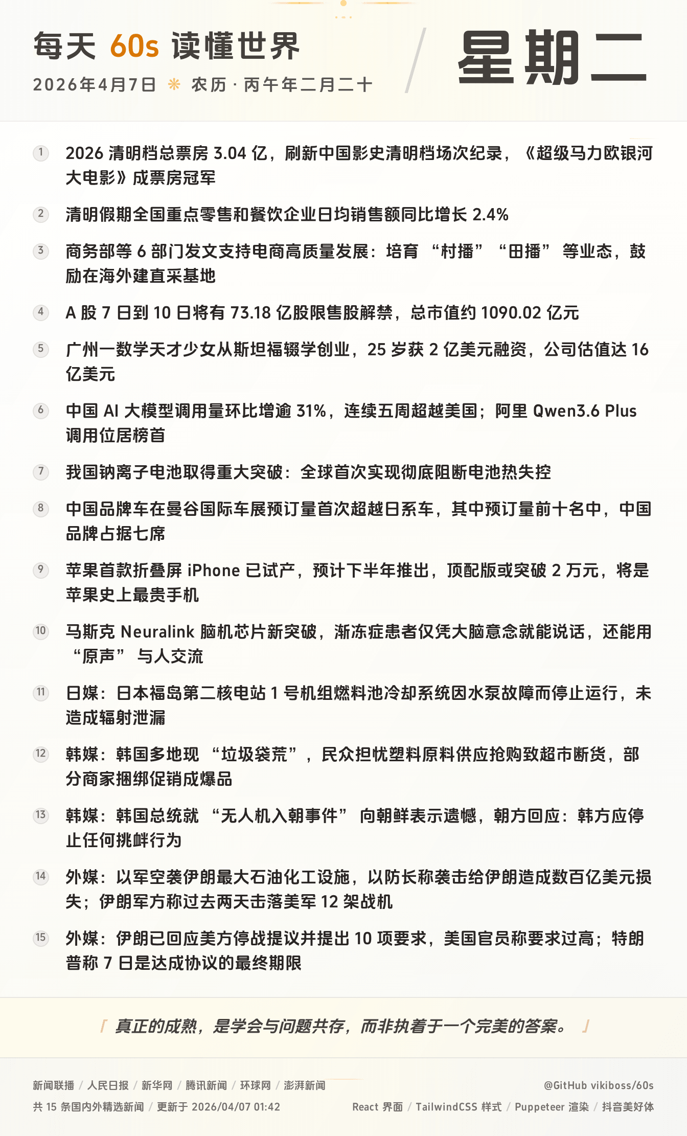 04月07日,星期二,在这里每天60秒读懂世界!