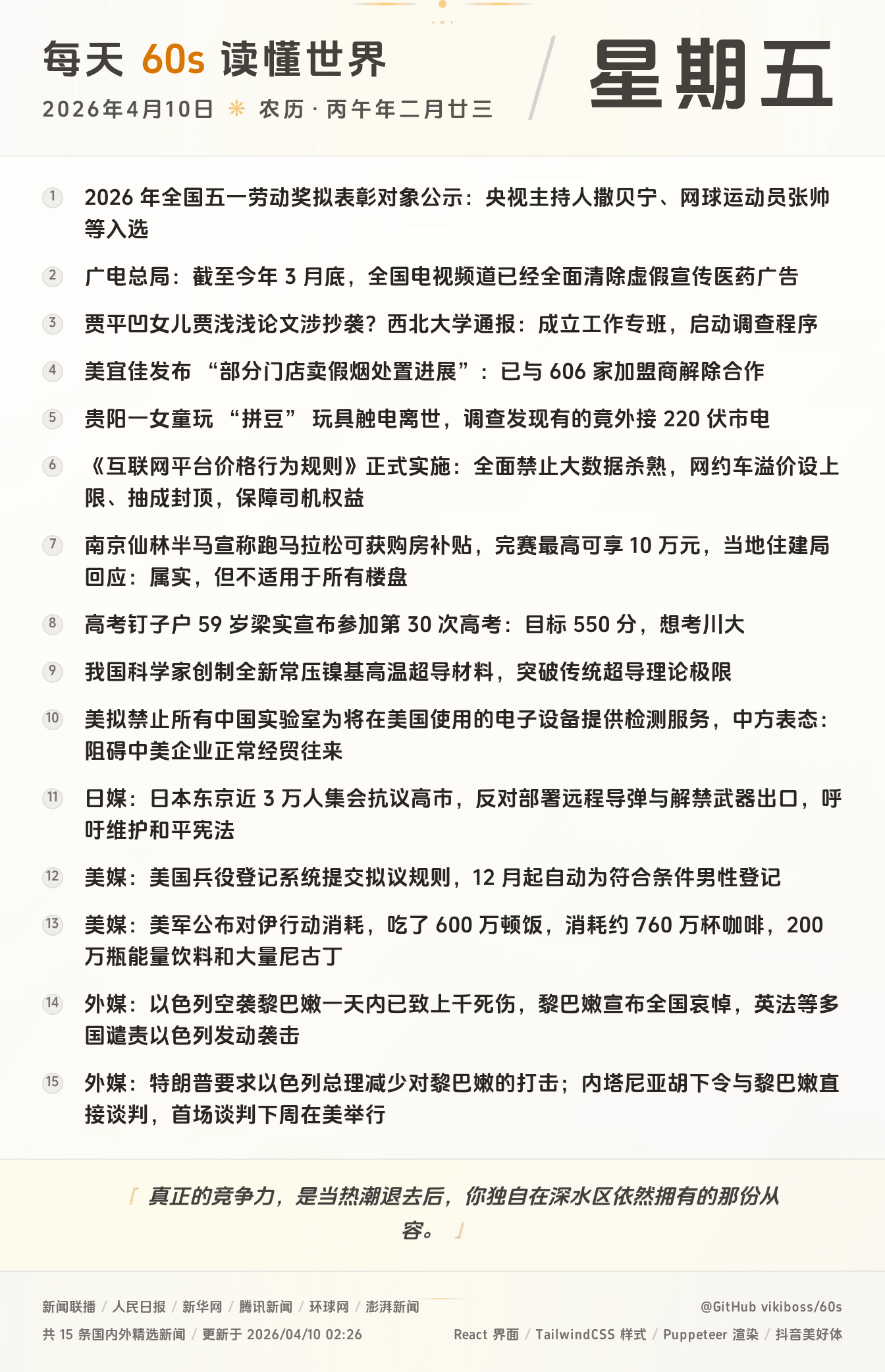 04月10日，星期五，在这里每天60秒读懂世界！