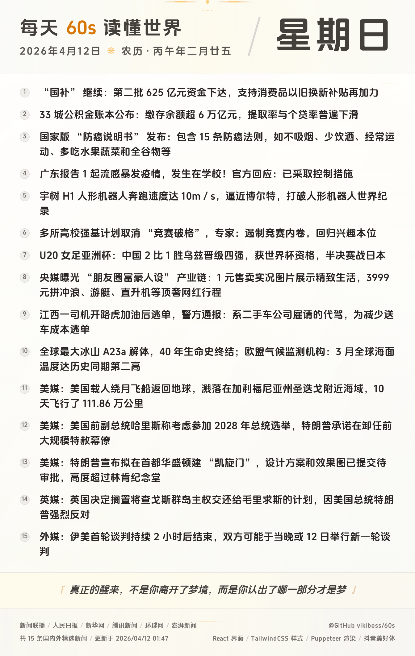 04月12日,星期天,在这里每天60秒读懂世界!