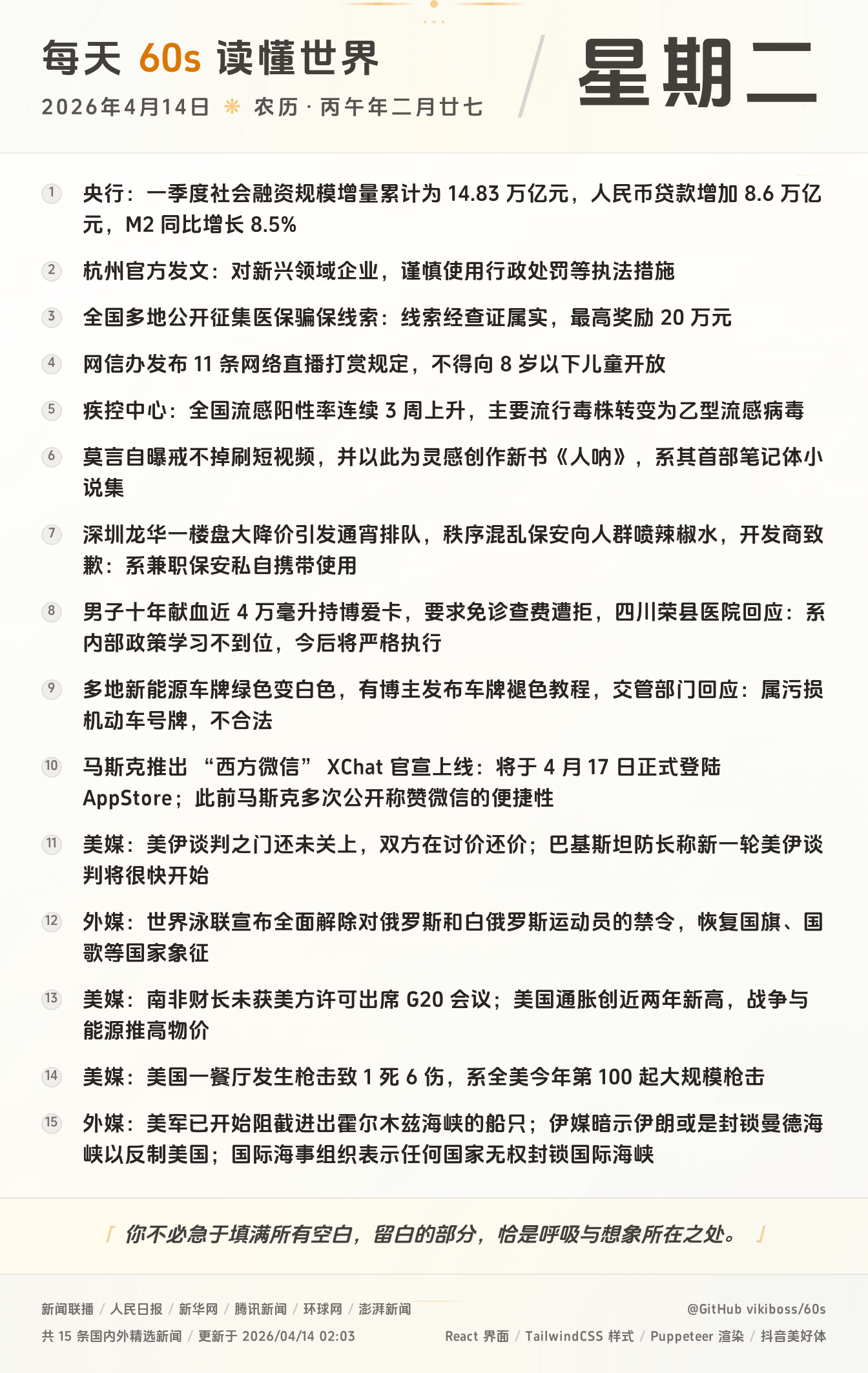 04月14日,星期二,在这里每天60秒读懂世界!