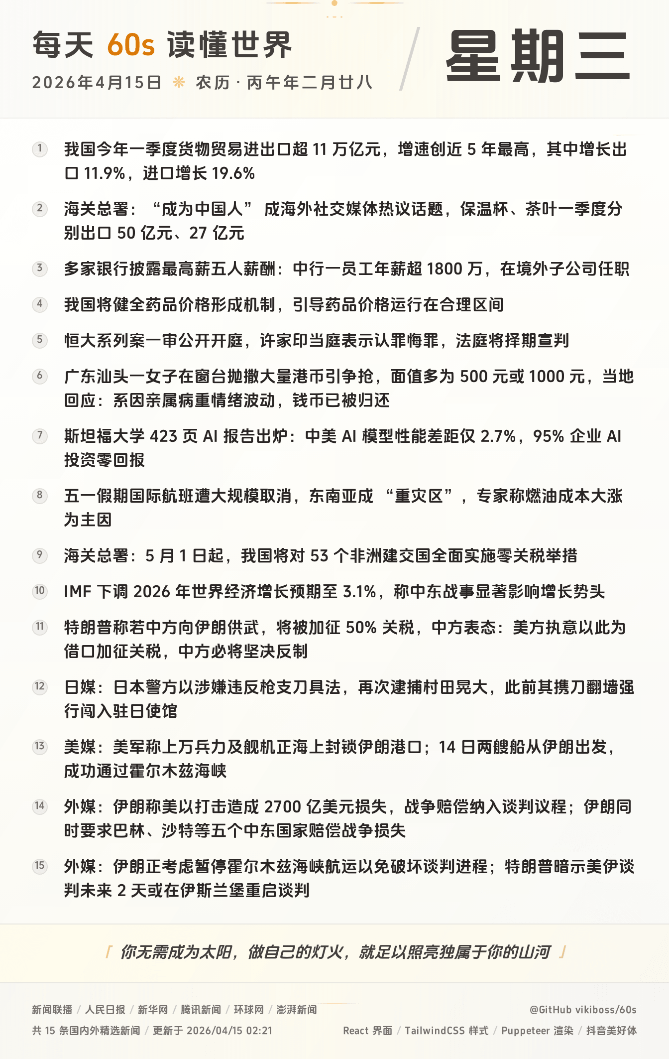 04月15日,星期三,在这里每天60秒读懂世界!