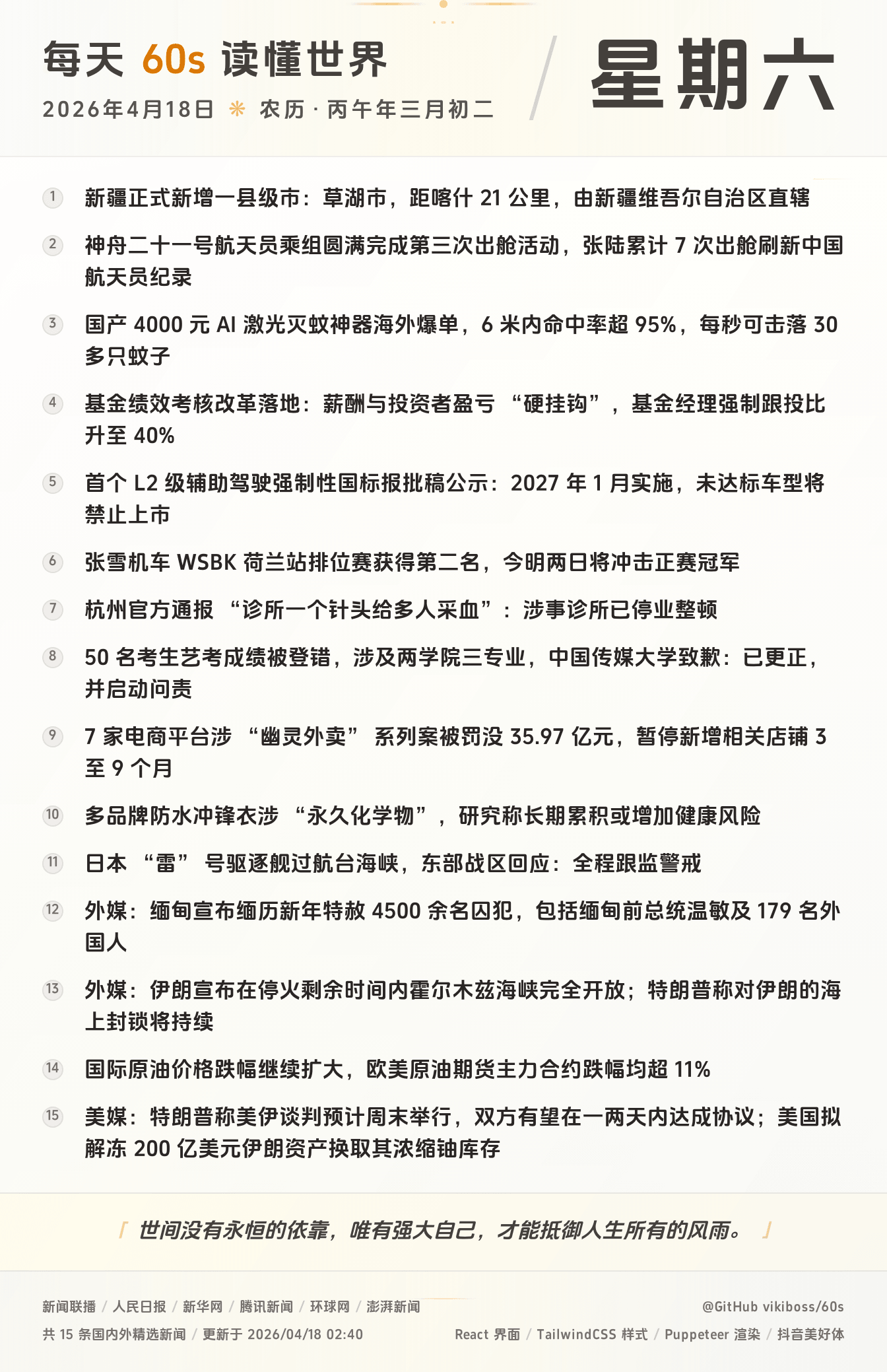 04月18日，星期六，在这里每天60秒读懂世界！