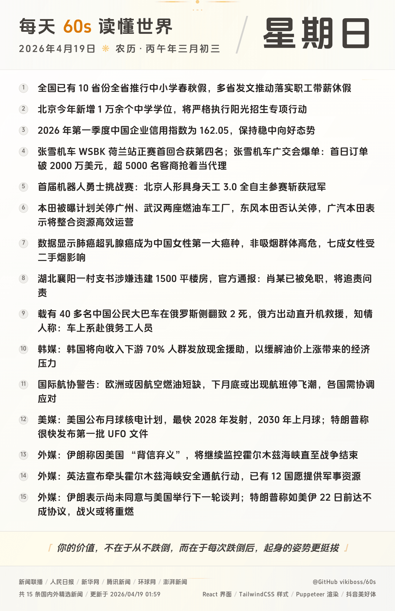 04月19日，星期天，在这里每天60秒读懂世界！