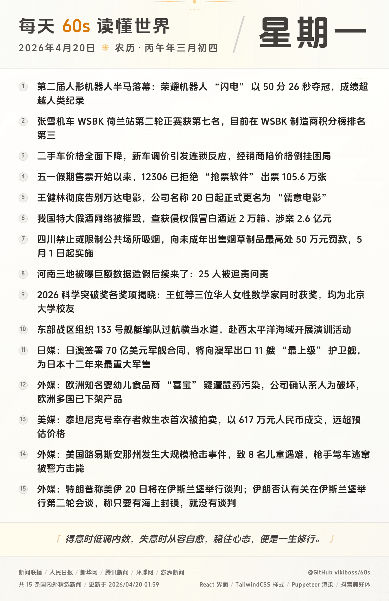 04月20日，星期一，在这里每天60秒读懂世界！