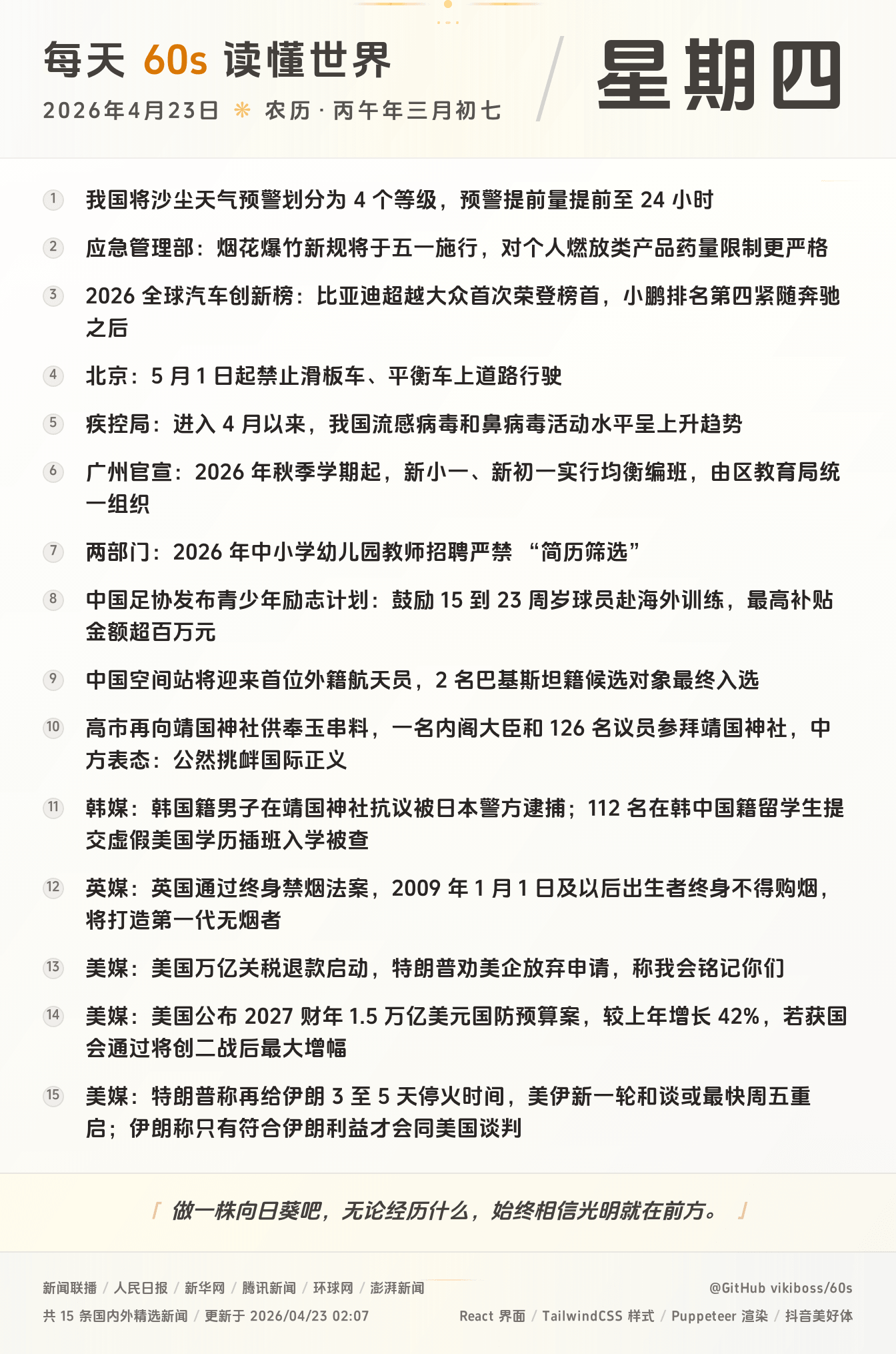 04月23日，星期四，在这里每天60秒读懂世界！
