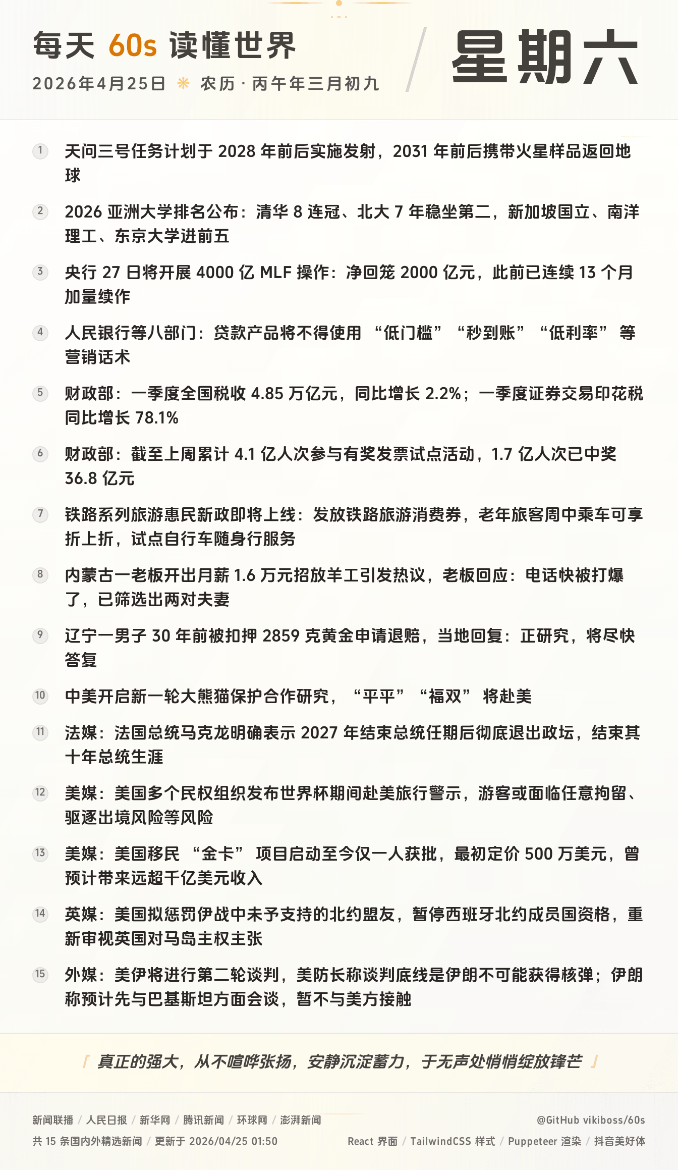 04月25日，星期六，在这里每天60秒读懂世界！