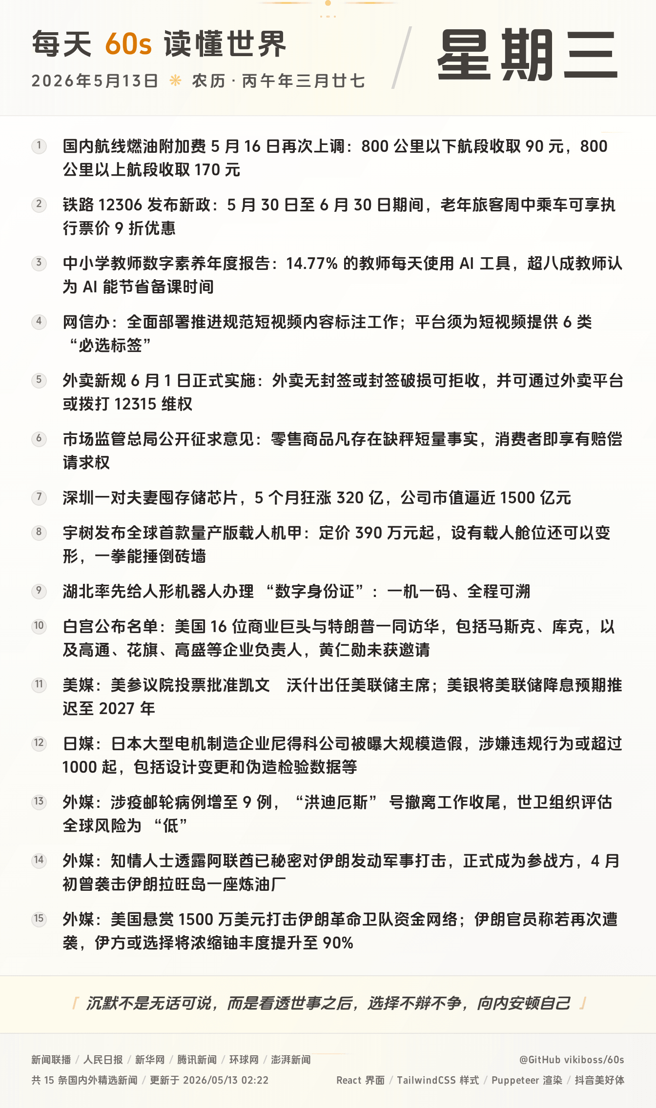 05月13日，星期三，在这里每天60秒读懂世界！