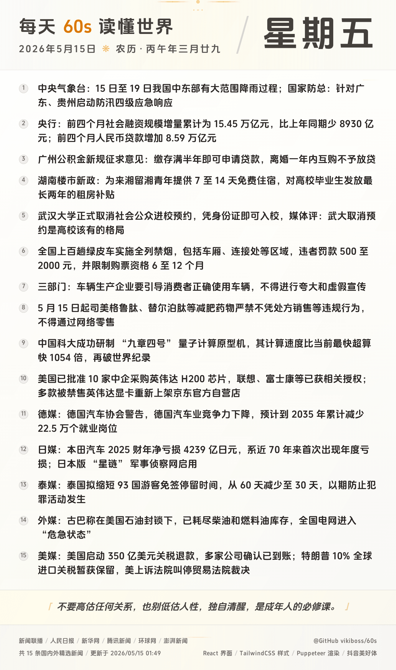 05月15日，星期五，在这里每天60秒读懂世界！