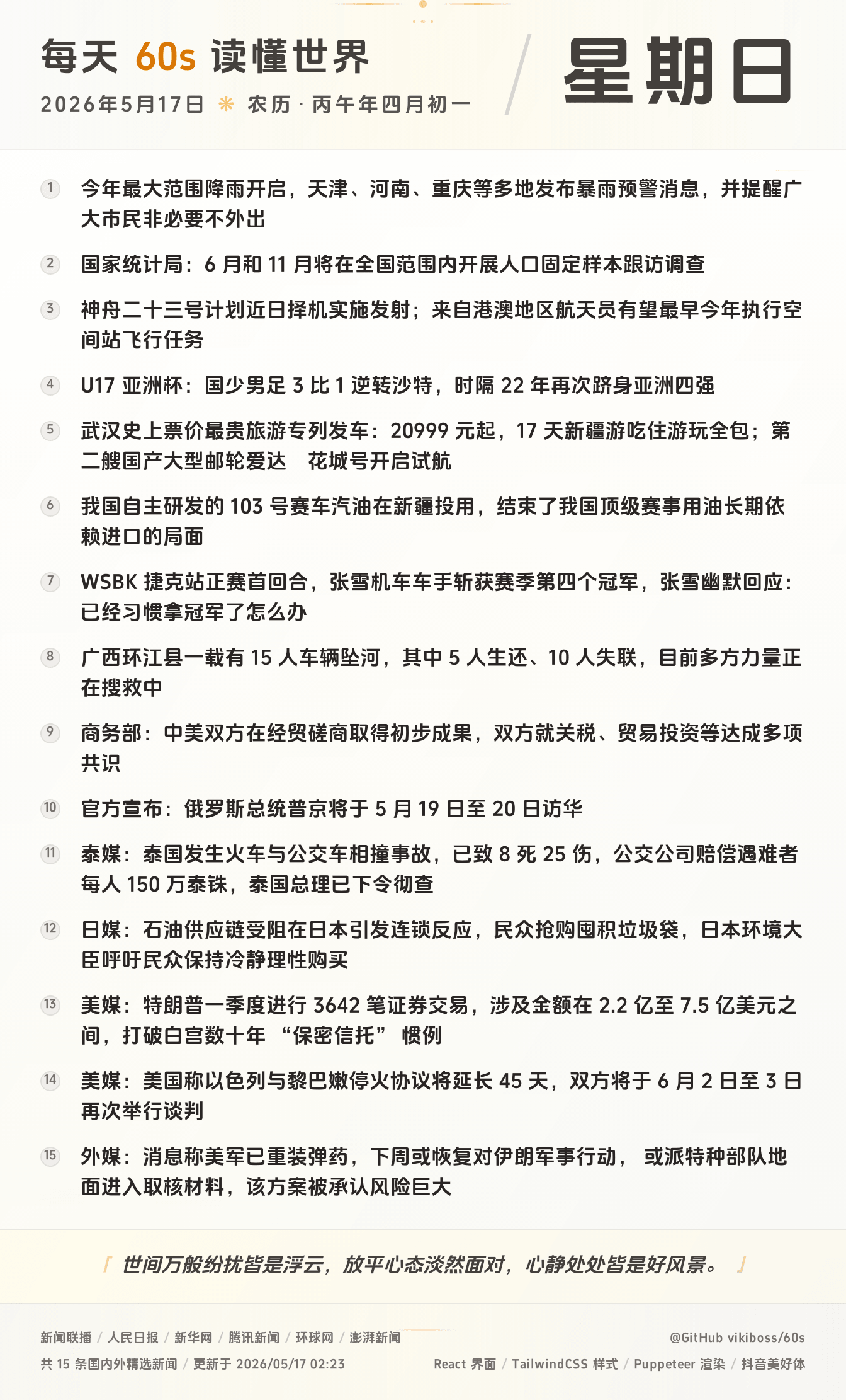 05月17日，星期天，在这里每天60秒读懂世界！