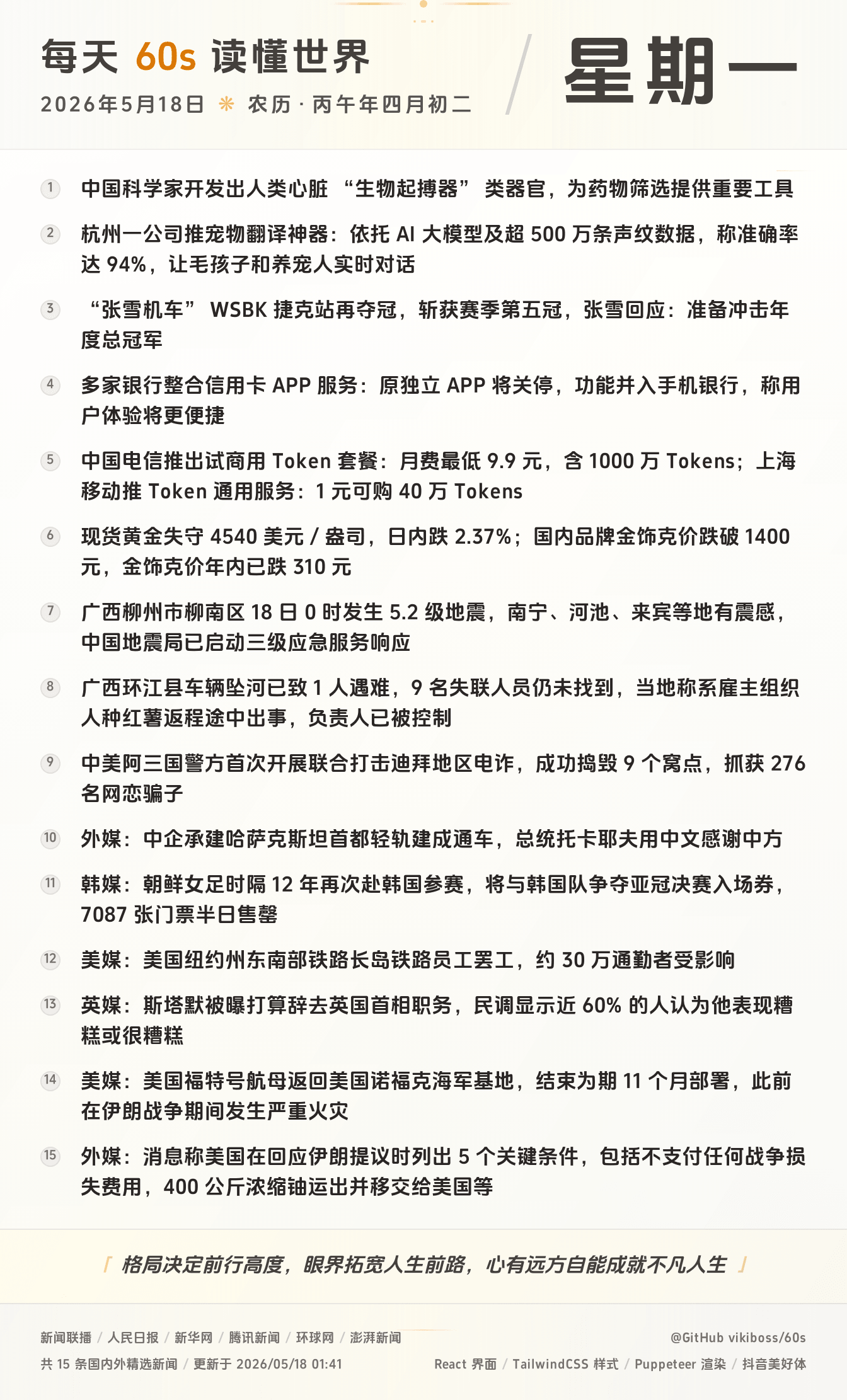 每天60秒读懂世界大势全球早间重大新闻-嘟咪云-每日早报-2026-05-18