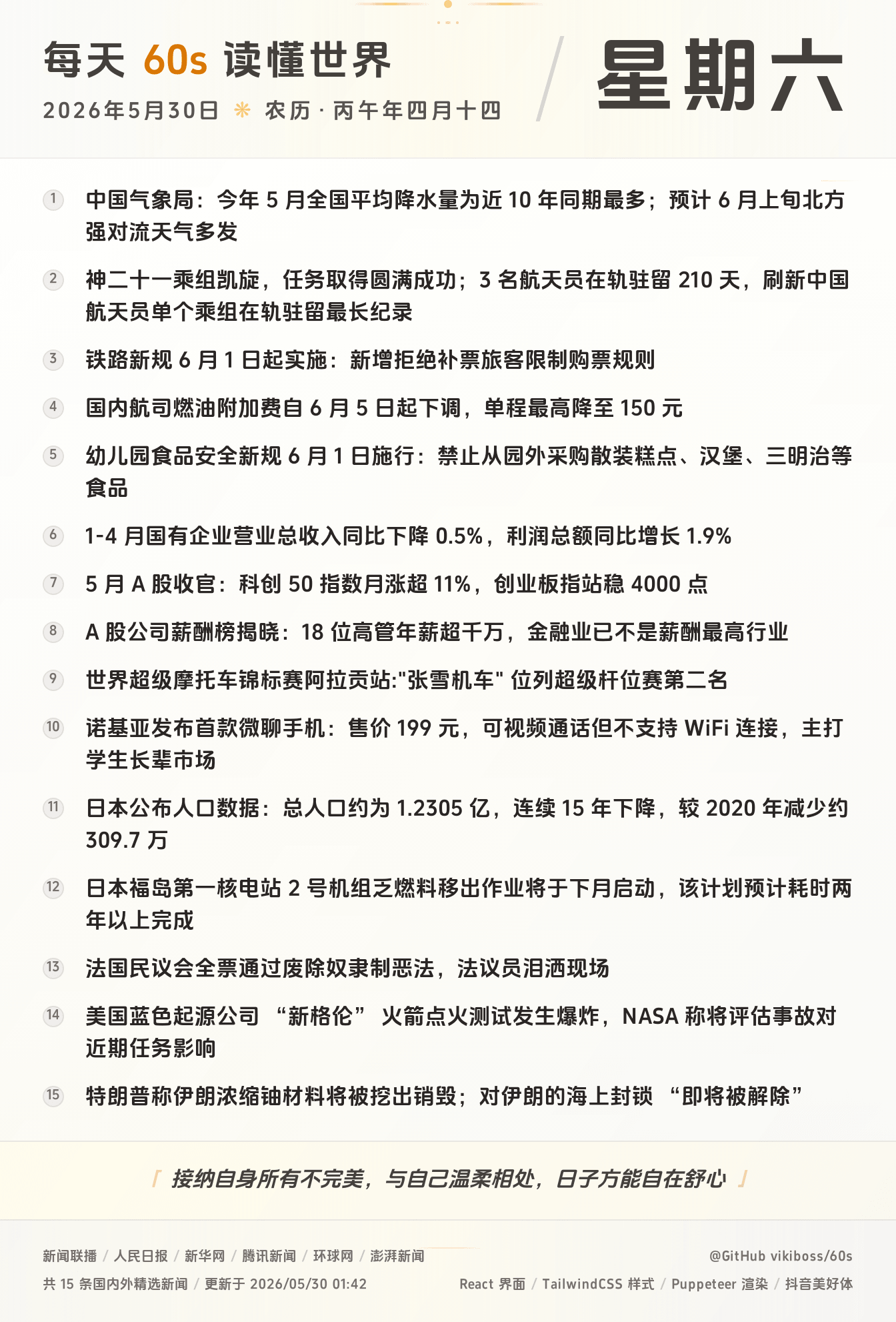 05月30日,星期六,在这里每天60秒读懂世界!