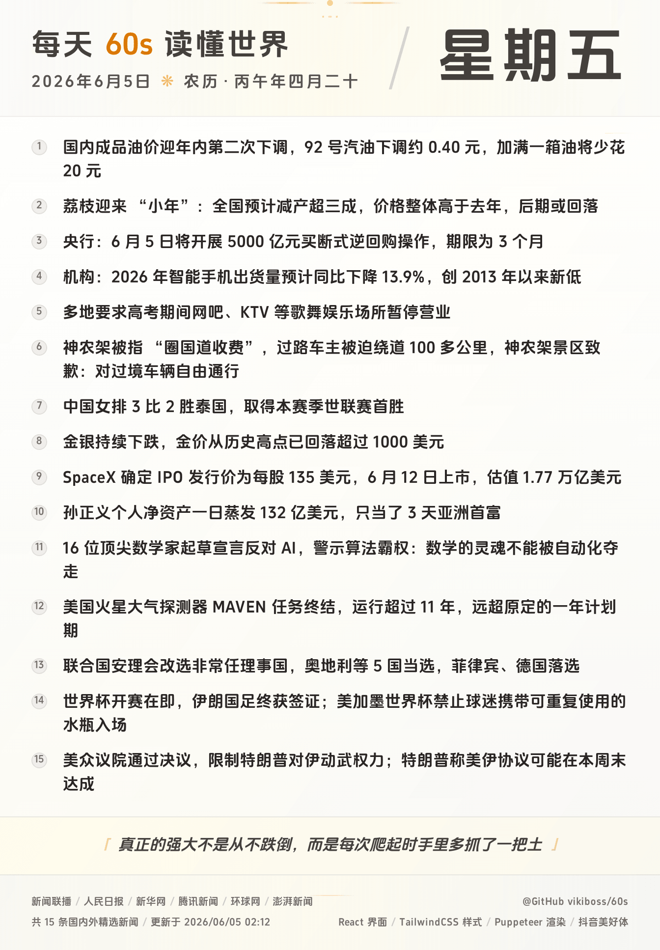 06月05日，星期五，在这里每天60秒读懂世界！