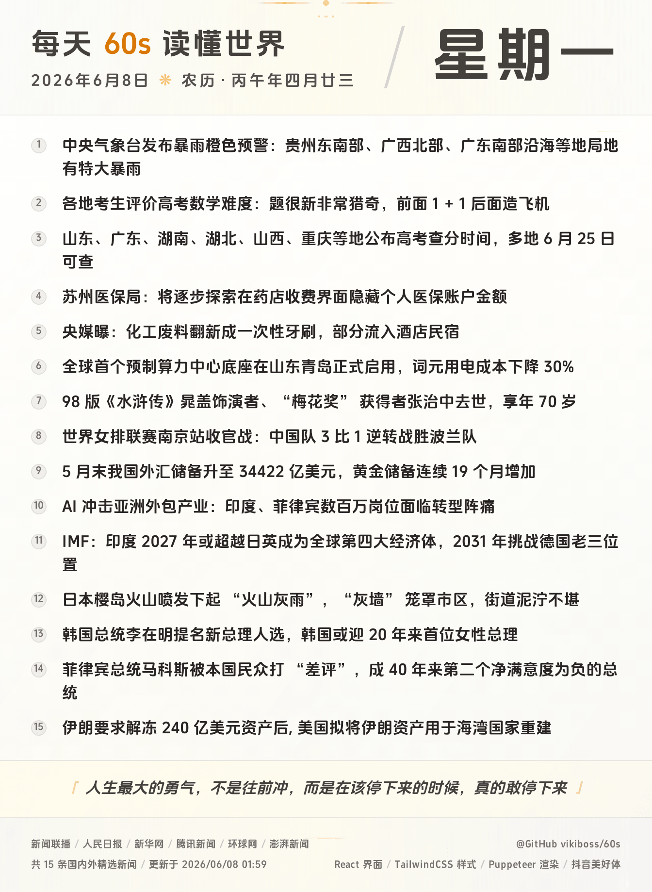 06月08日，星期一，在这里每天60秒读懂世界！