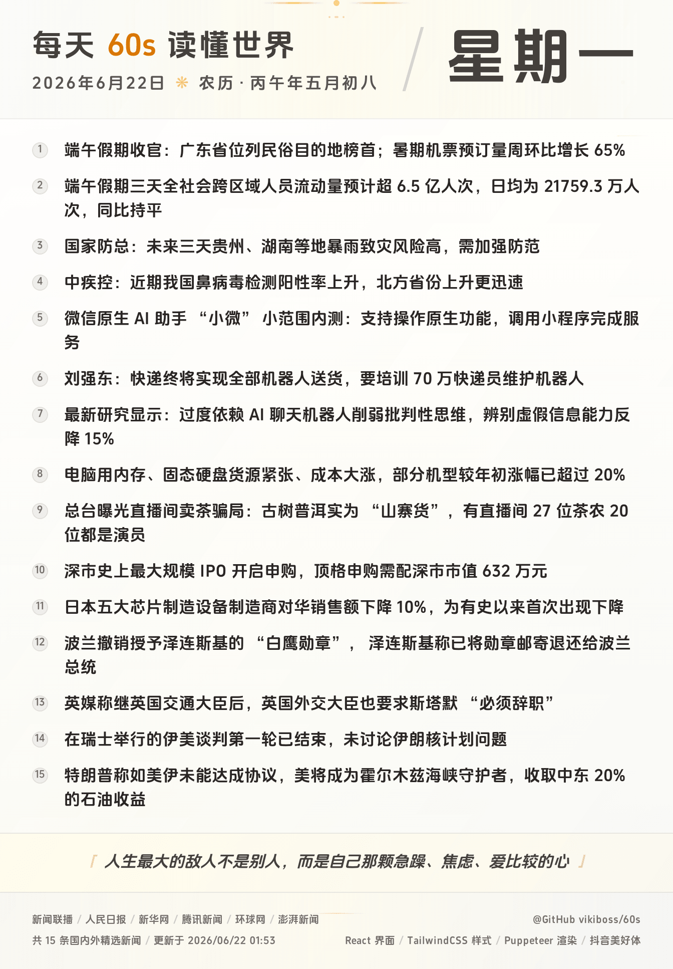 06月22日，星期一，在这里每天60秒读懂世界！