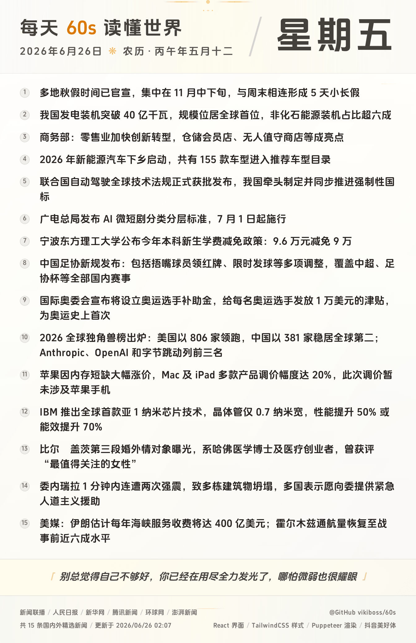 06月26日，星期五，在这里每天60秒读懂世界！