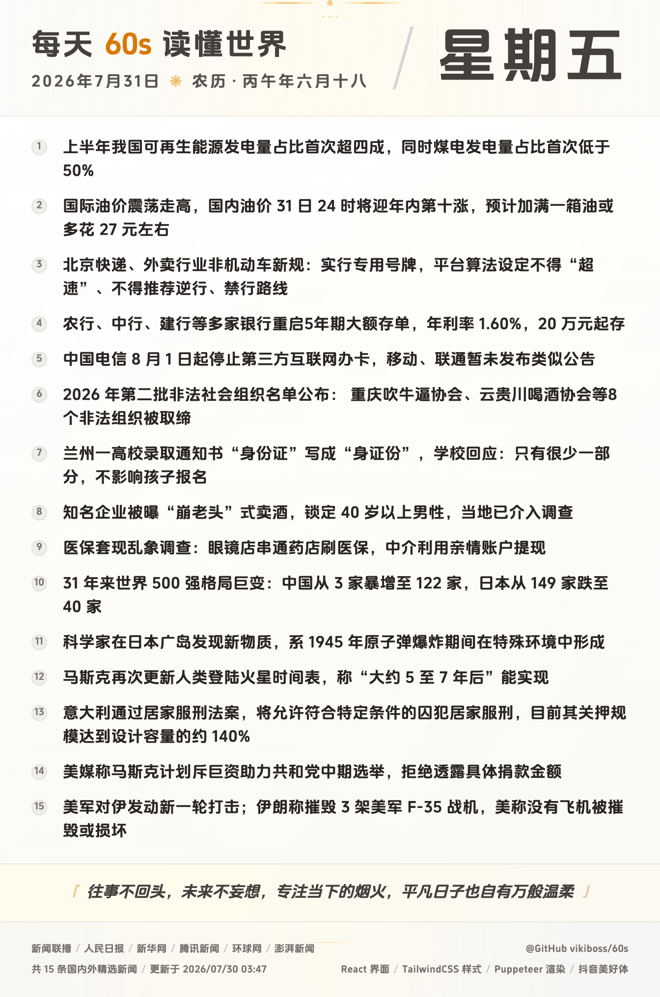 07月31日，星期五，在安福相册每天60秒读懂世界！