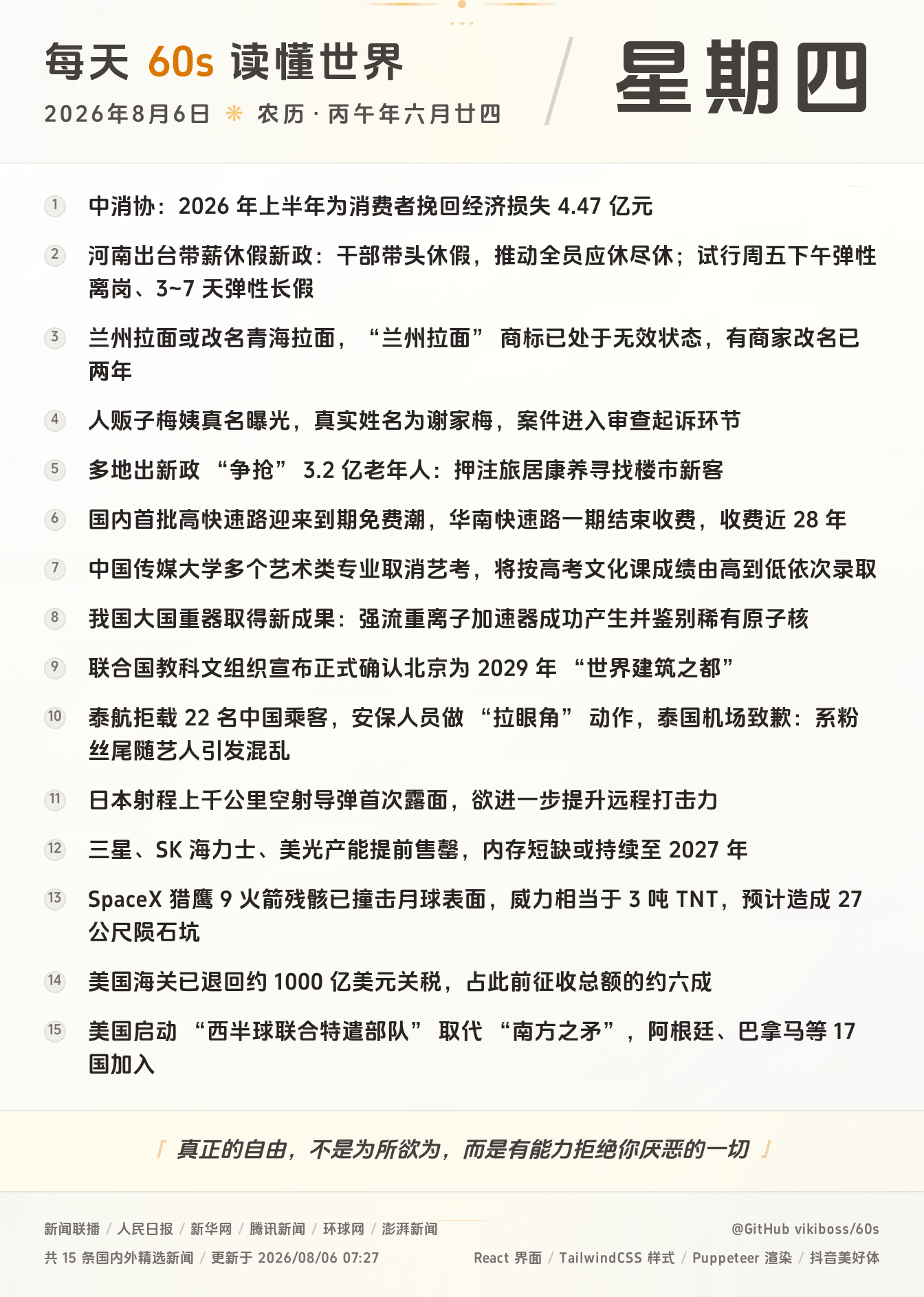 每天60秒读懂世界大势全球早间重大新闻-嘟咪云-每日早报-2026-08-06