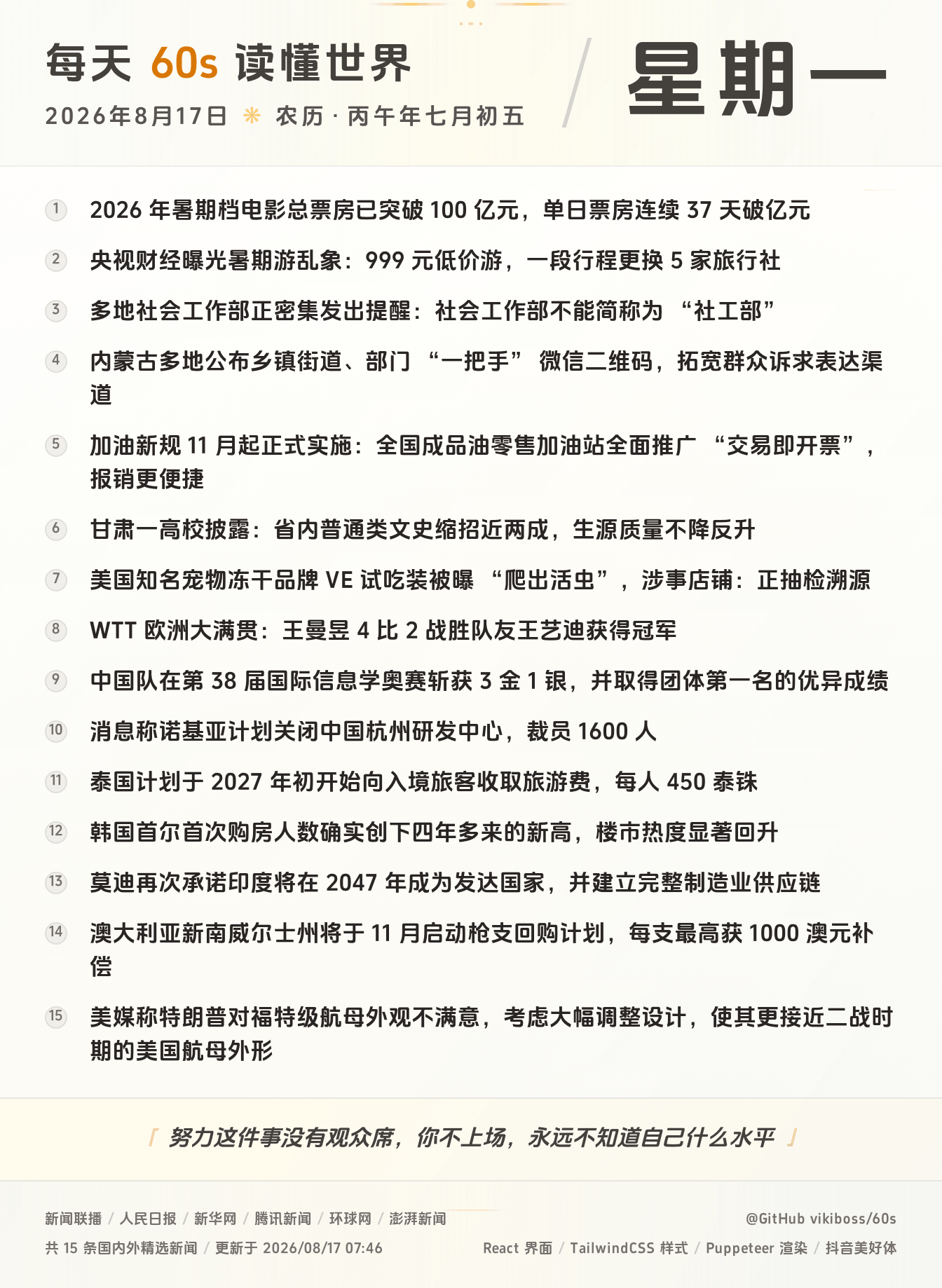 08月17日，星期一，在这里每天60秒读懂世界！