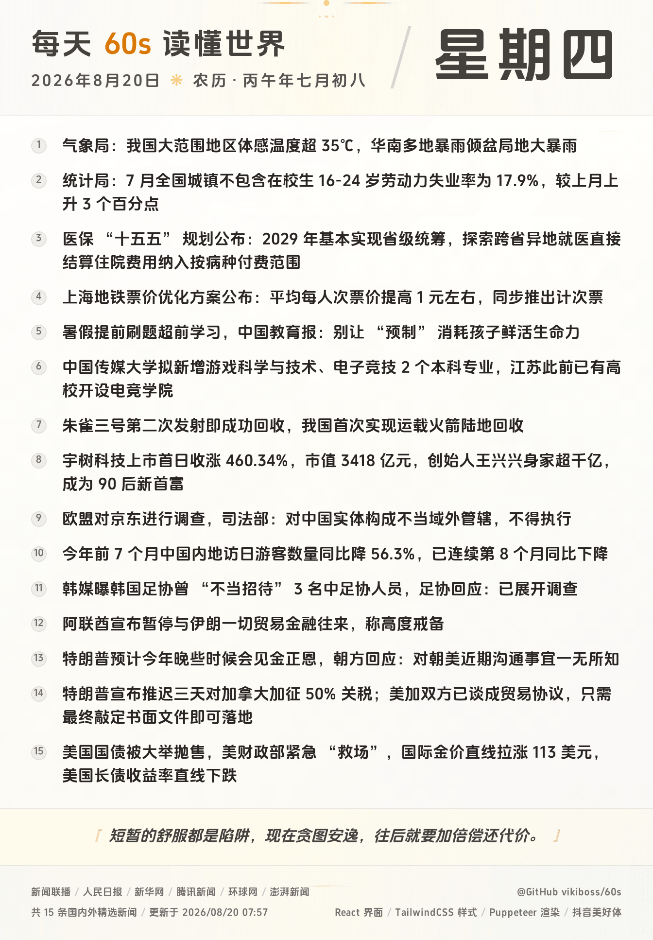 08月20日，星期四，在这里每天60秒读懂世界！