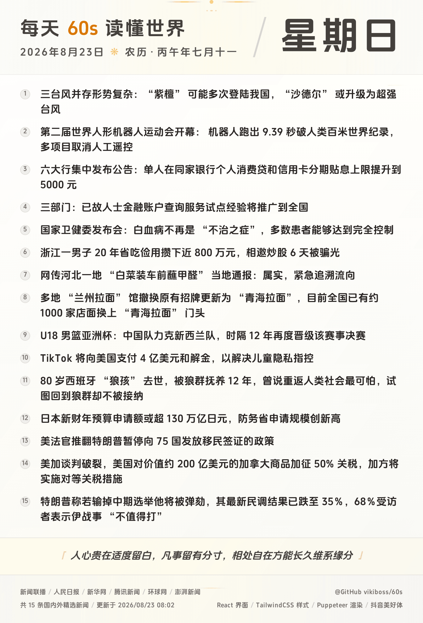 08月23日，星期天，在这里每天60秒读懂世界！