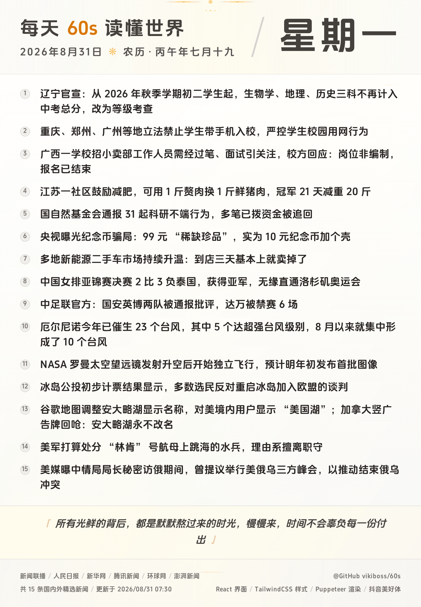 每天60秒读懂世界大势全球早间重大新闻-嘟咪云-每日早报-2026-08-31
