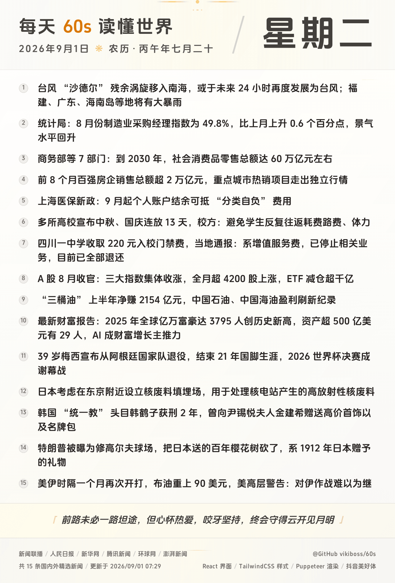09月01日，星期二，在这里每天60秒读懂世界！