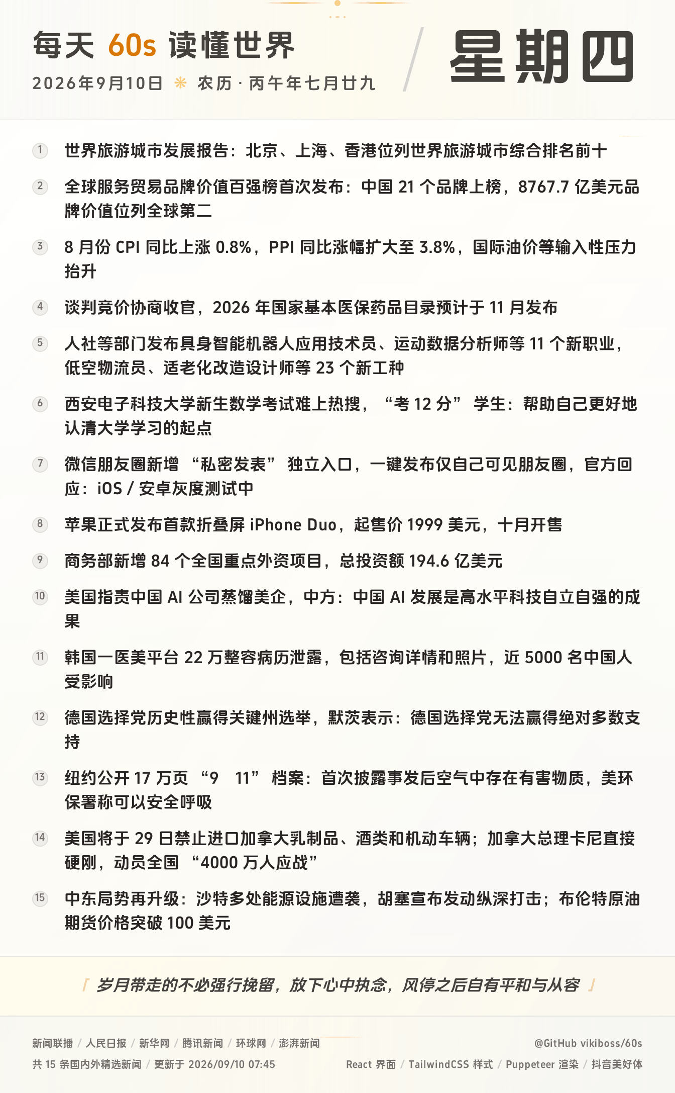 09月10日，星期四，在这里每天60秒读懂世界！