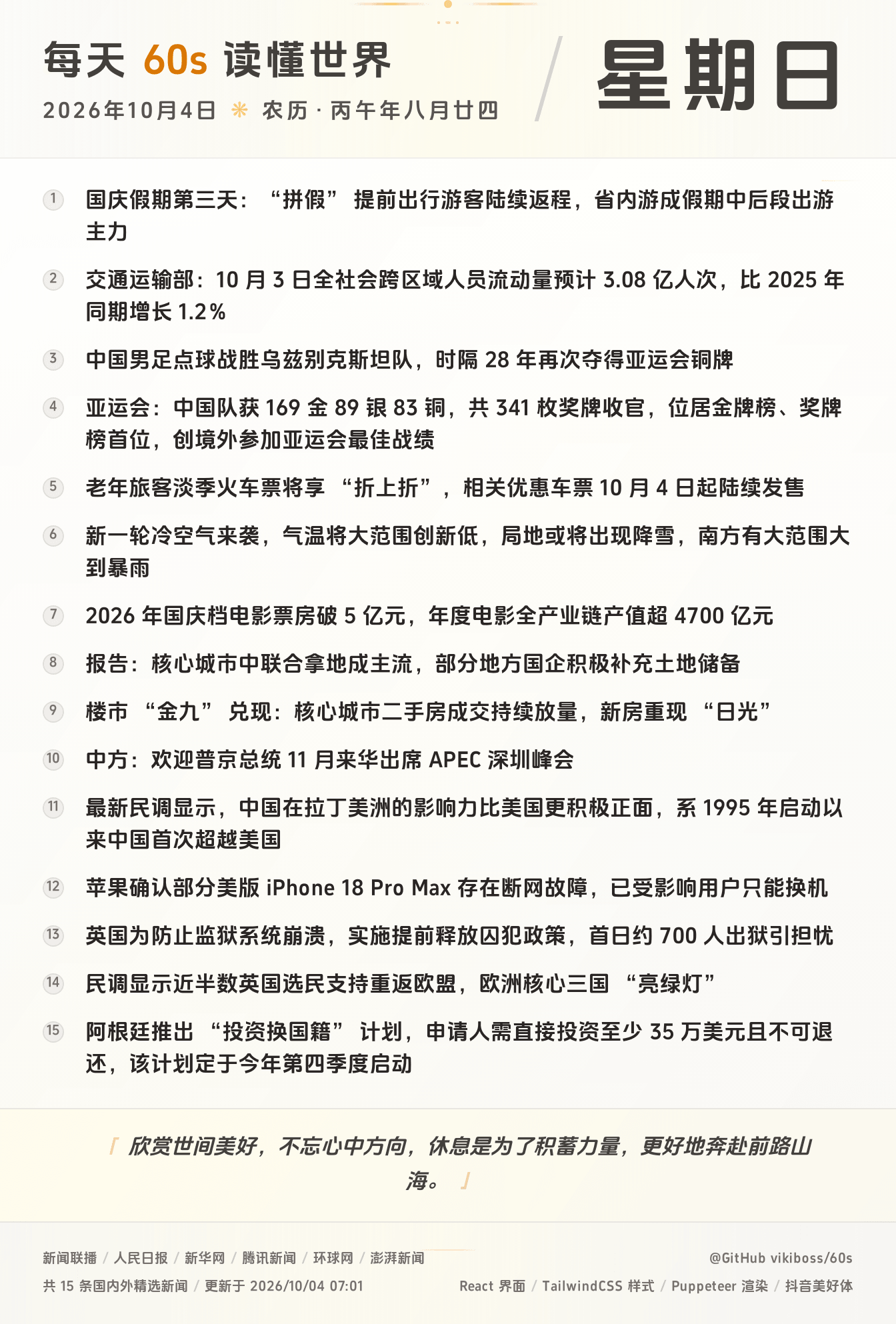 10月04日，星期天，在安福相册每天60秒读懂世界！