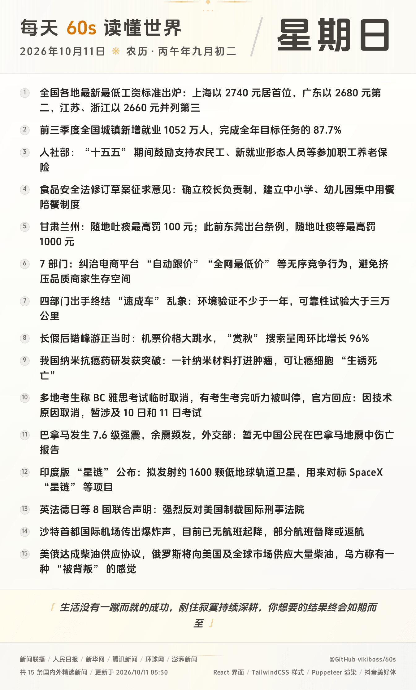 10月11日,星期天,在这里每天60秒读懂世界!