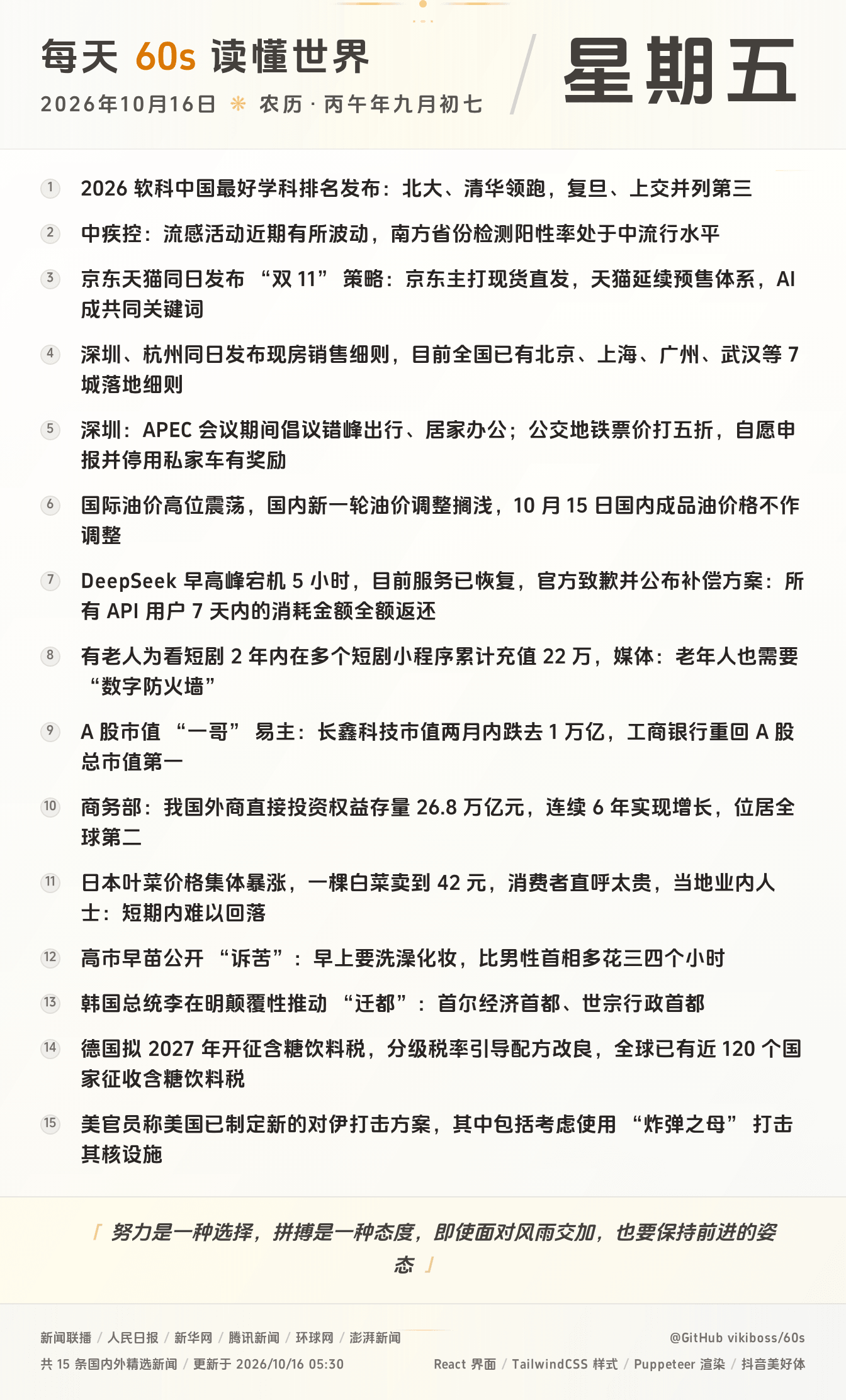 10月16日，星期五，在这里每天60秒读懂世界！