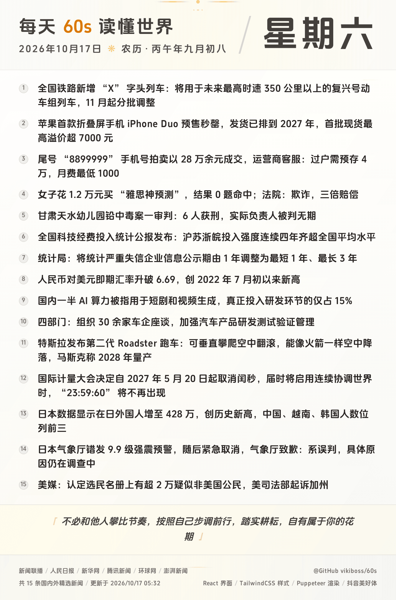 10月17日,星期六,在这里每天60秒读懂世界!