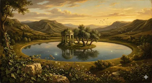 文艺复兴油画风格的超现实自然景观