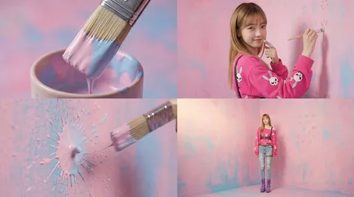 电影感四格视频提示：女子绘画