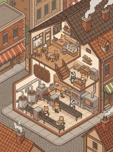 动物社区的等距 2.5D 建筑剖面插画