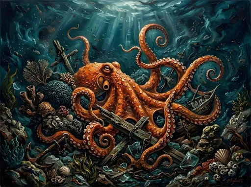 混乱的 章鱼 油画