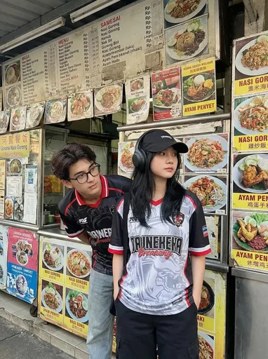东南亚街头小吃摊前年轻人的纪实街拍