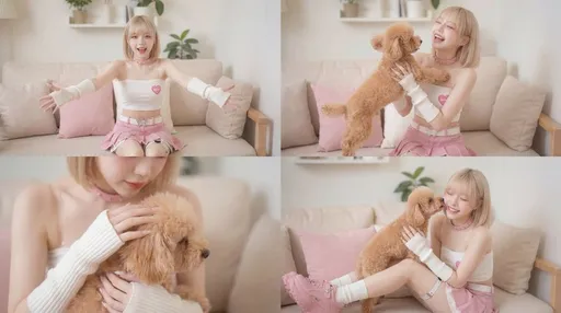 电影感场景：人拥抱玩具贵宾犬