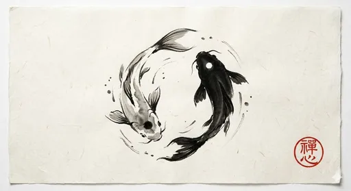 阴阳锦鲤水墨画提示词