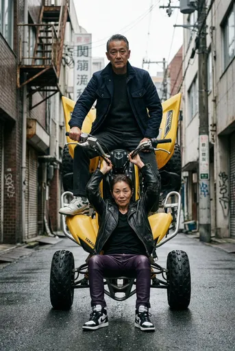 电影感城市街景：四轮摩托车与老年夫妇