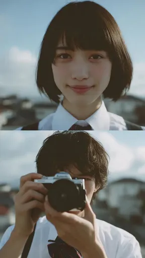 天台上少男少女的电影感双联画