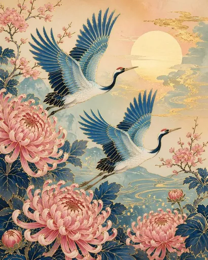 日式仙鹤与菊花艺术