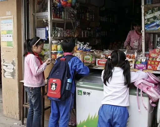 中国小学生在街角小店