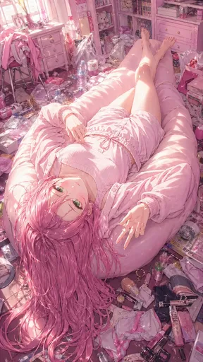 凌乱卧室里的粉发动漫少女
