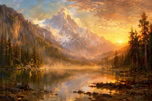 日落高山湖泊油画