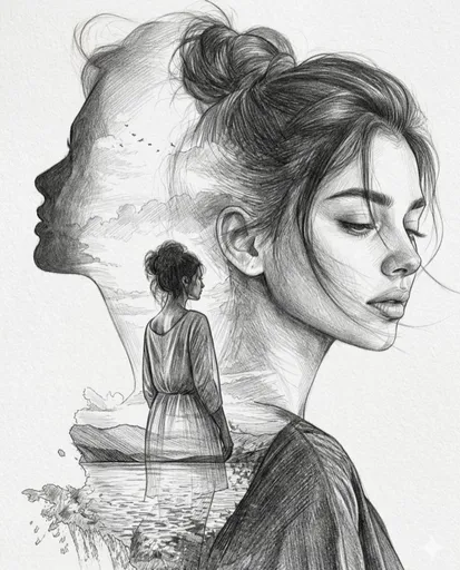 双重曝光铅笔素描肖像
