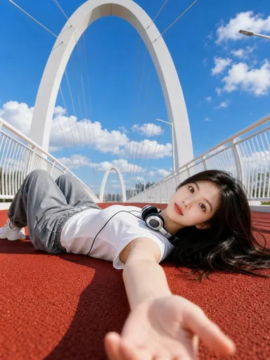 夏季桥梁跑道人像