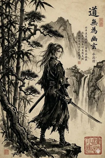 水墨武士山水画